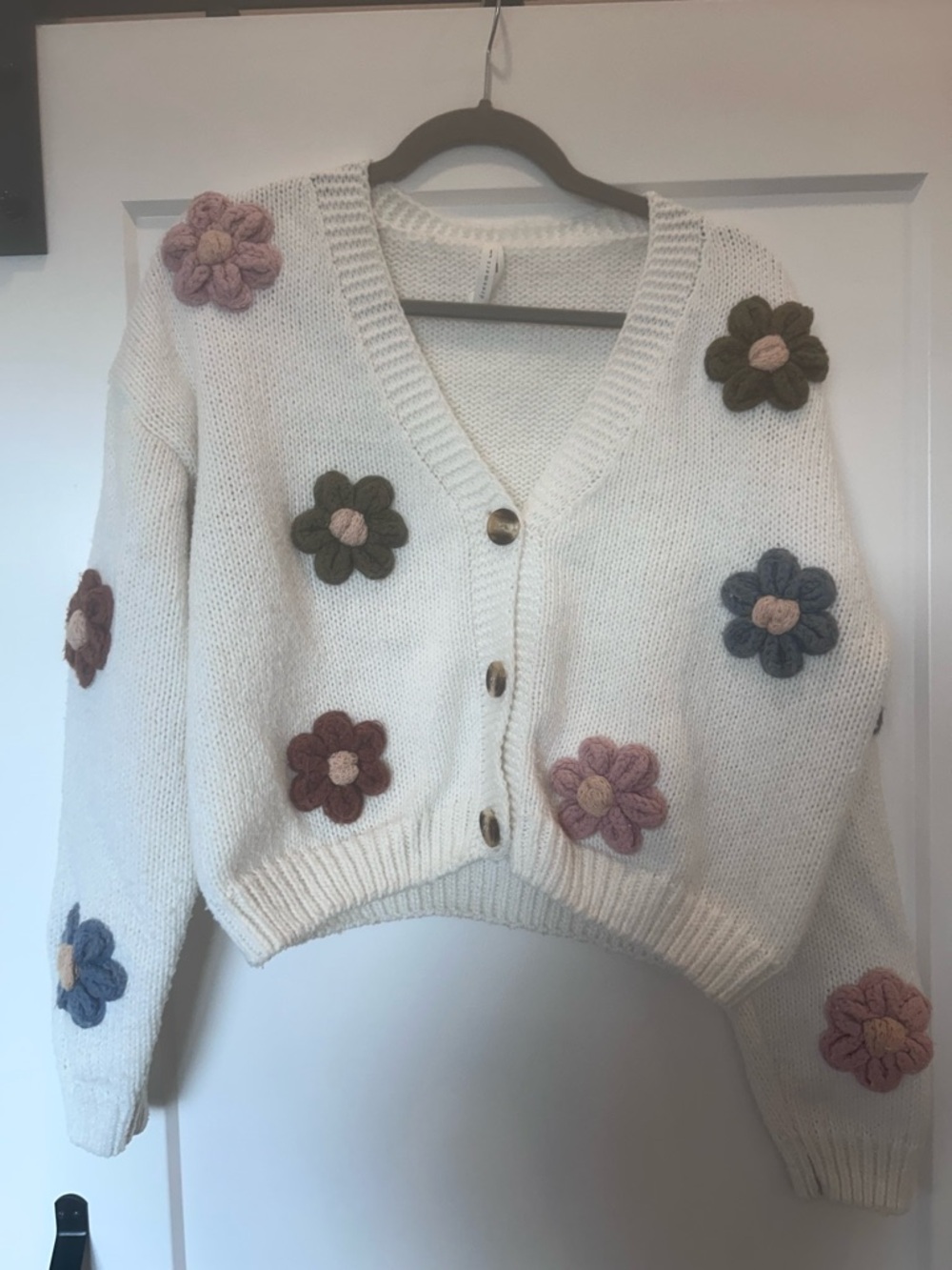 Cream Floral Appliqué Knit Cardigan Sweater